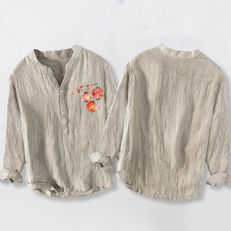 Camisa de manga larga para hombre, de algodón y lino, con estampado sencillo de farolillos y flores rojas con Buddha Stones y botones a la mitad. - image 8