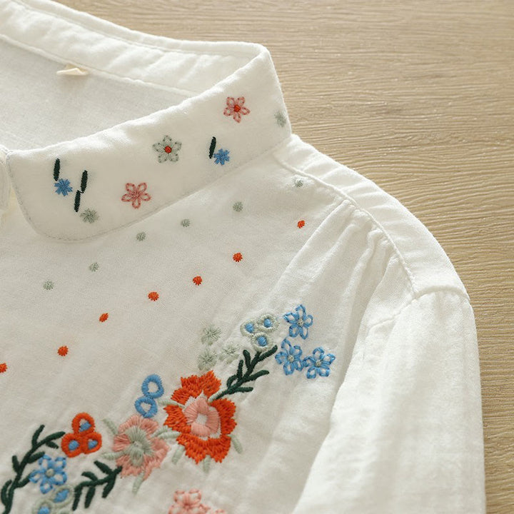 Camisa de manga larga de algodón para mujer con botones bordados florales coloridos y Buddha Stones en blanco otoñal - image 7