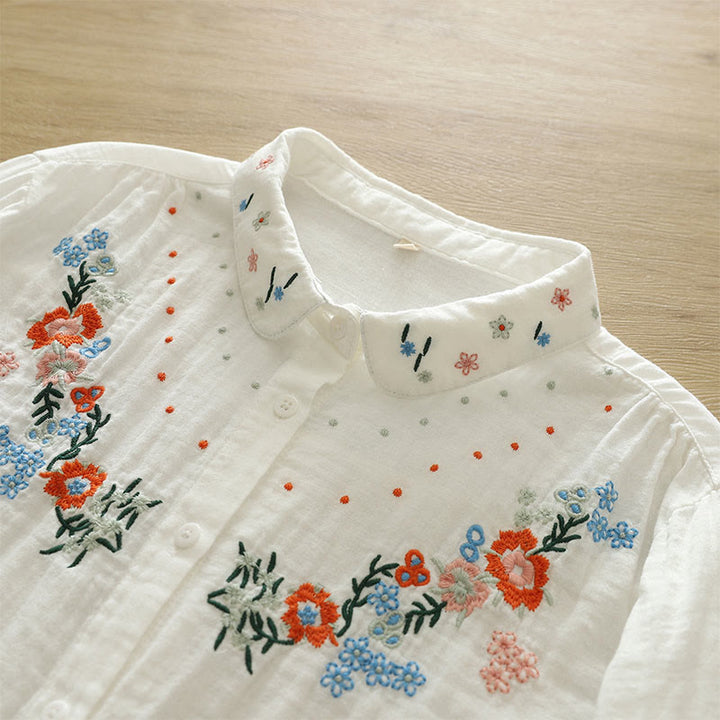 Camisa de manga larga de algodón para mujer con botones bordados florales coloridos y Buddha Stones en blanco otoñal - image 6