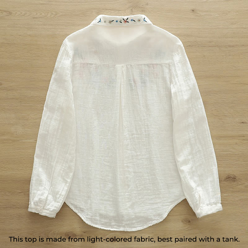Camisa de manga larga de algodón para mujer con botones bordados florales coloridos y Buddha Stones en blanco otoñal - image 2