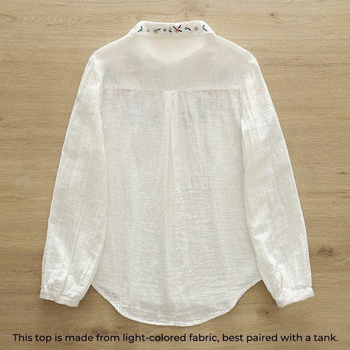 Camisa de manga larga de algodón para mujer con botones bordados florales coloridos y Buddha Stones en blanco otoñal - image 2