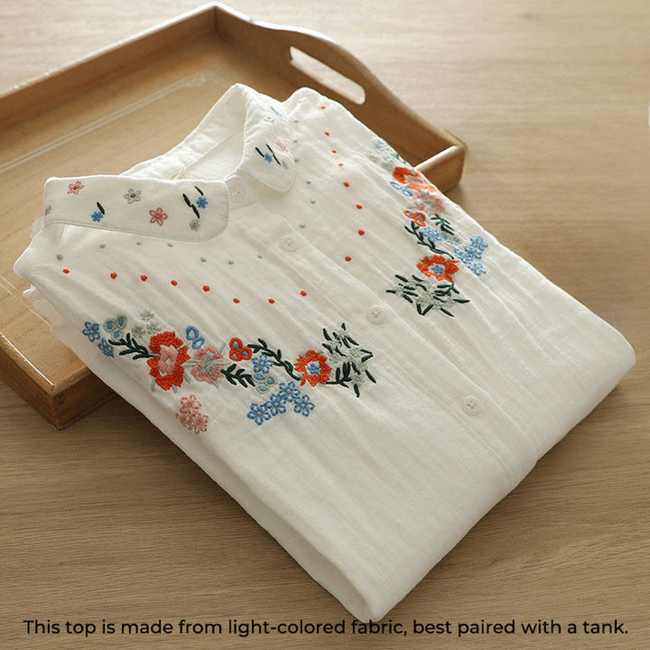 Camisa de manga larga de algodón para mujer con botones bordados florales coloridos y Buddha Stones en blanco otoñal - image 3