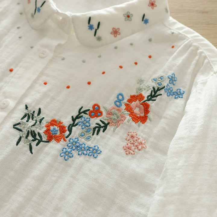Camisa de manga larga de algodón para mujer con botones bordados florales coloridos y Buddha Stones en blanco otoñal - image 8