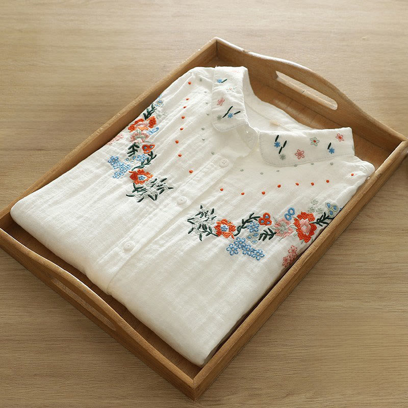 Camisa de manga larga de algodón para mujer con botones bordados florales coloridos y Buddha Stones en blanco otoñal - image 5