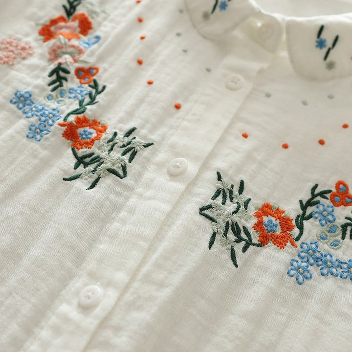 Camisa de manga larga de algodón para mujer con botones bordados florales coloridos y Buddha Stones en blanco otoñal - image 9