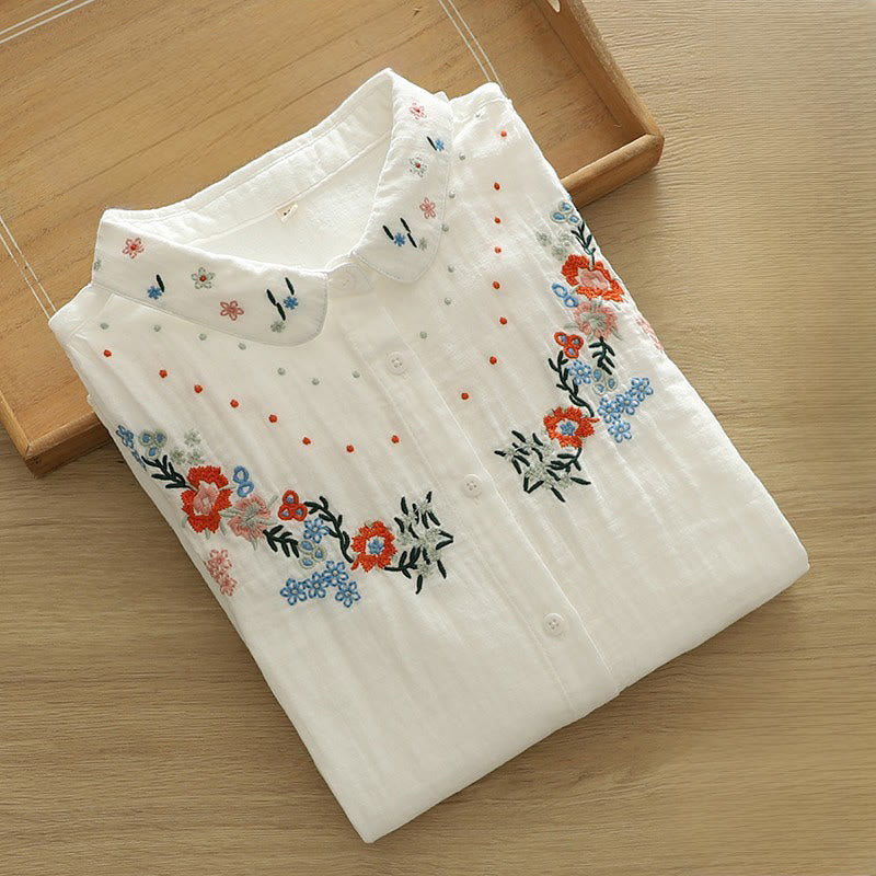 Camisa de manga larga de algodón para mujer con botones bordados florales coloridos y Buddha Stones en blanco otoñal - image 4