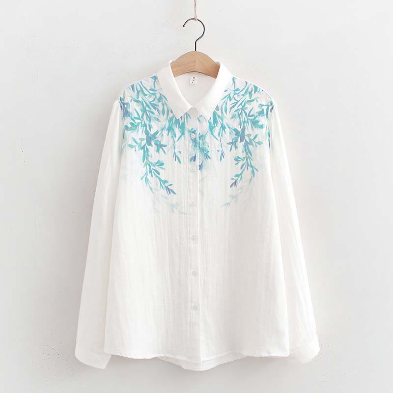 Camisa de manga larga de algodón para mujer con botones de hierba verde y blanco con Buddha Stones y estampado otoñal - Blanco - US6, UK/AU10, EU38 (L) - image 0