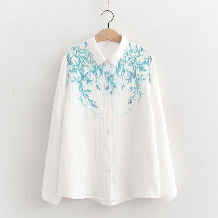 Camisa de manga larga de algodón para mujer con botones de hierba verde y blanco con Buddha Stones y estampado otoñal - Blanco - US6, UK/AU10, EU38 (L) - image 0