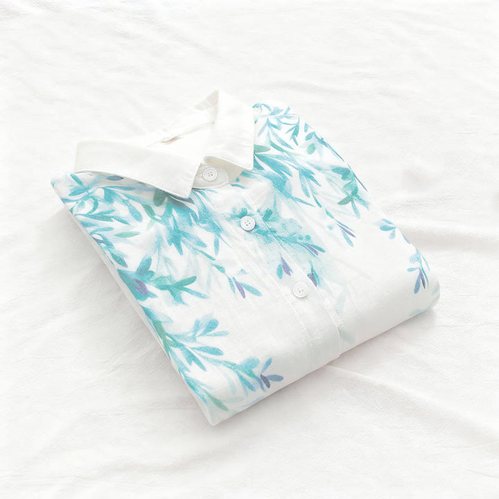 Camisa de manga larga de algodón para mujer con botones de hierba verde y blanco con Buddha Stones y estampado otoñal - image 5