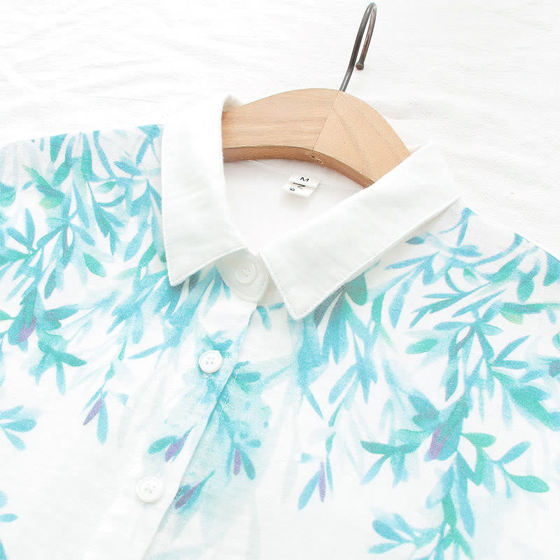 Camisa de manga larga de algodón para mujer con botones de hierba verde y blanco con Buddha Stones y estampado otoñal - image 7