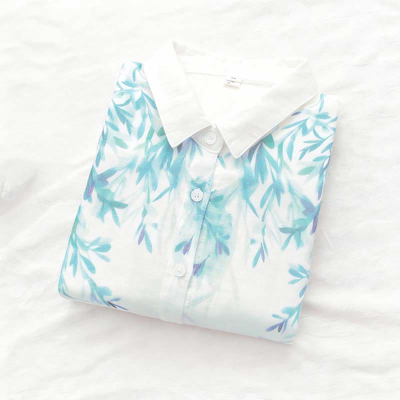 Camisa de manga larga de algodón para mujer con botones de hierba verde y blanco con Buddha Stones y estampado otoñal - image 3