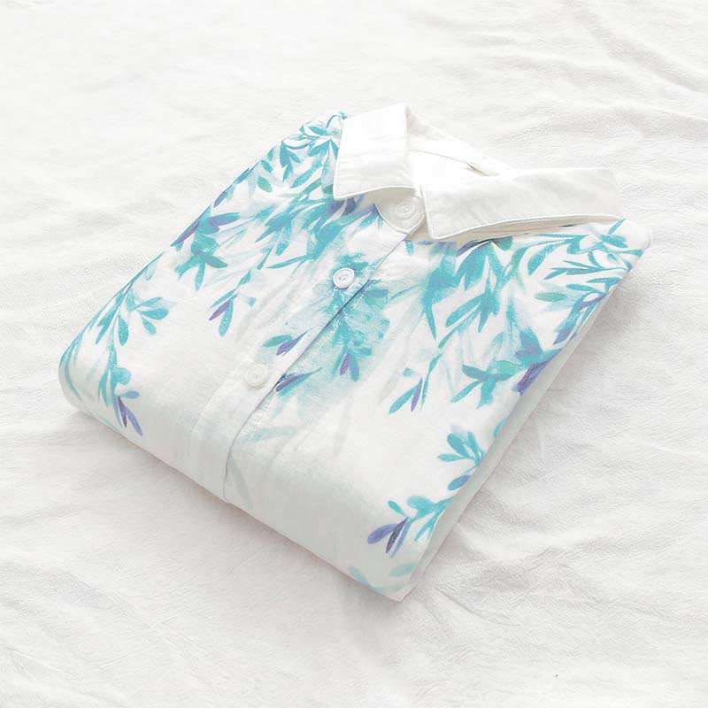 Camisa de manga larga de algodón para mujer con botones de hierba verde y blanco con Buddha Stones y estampado otoñal - image 6