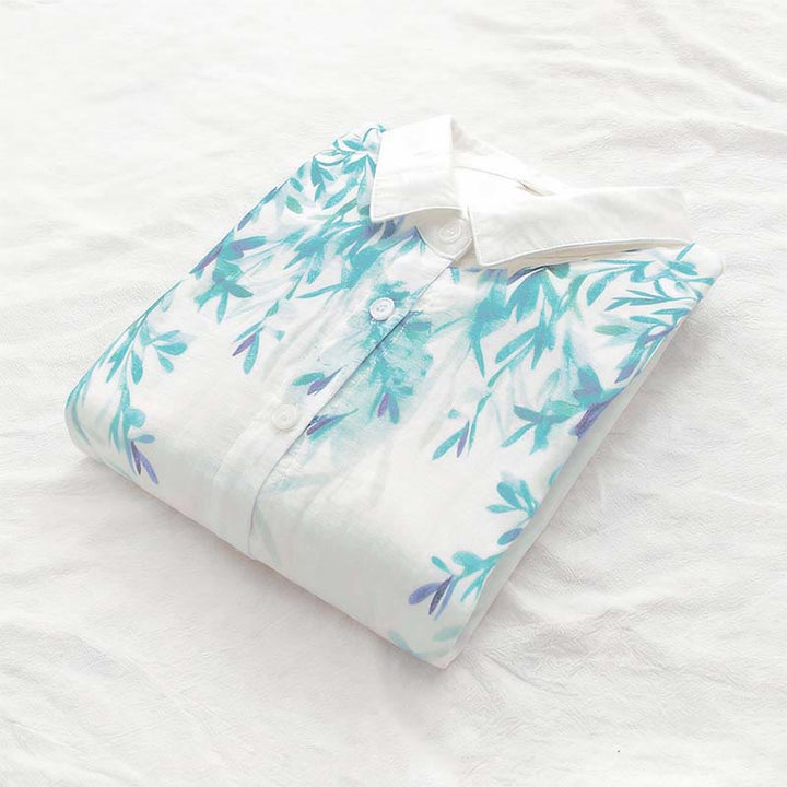 Camisa de manga larga de algodón para mujer con botones de hierba verde y blanco con Buddha Stones y estampado otoñal - image 6