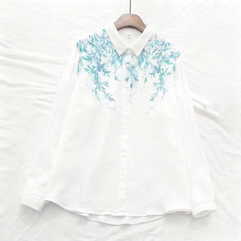 Camisa de manga larga de algodón para mujer con botones de hierba verde y blanco con Buddha Stones y estampado otoñal - image 1