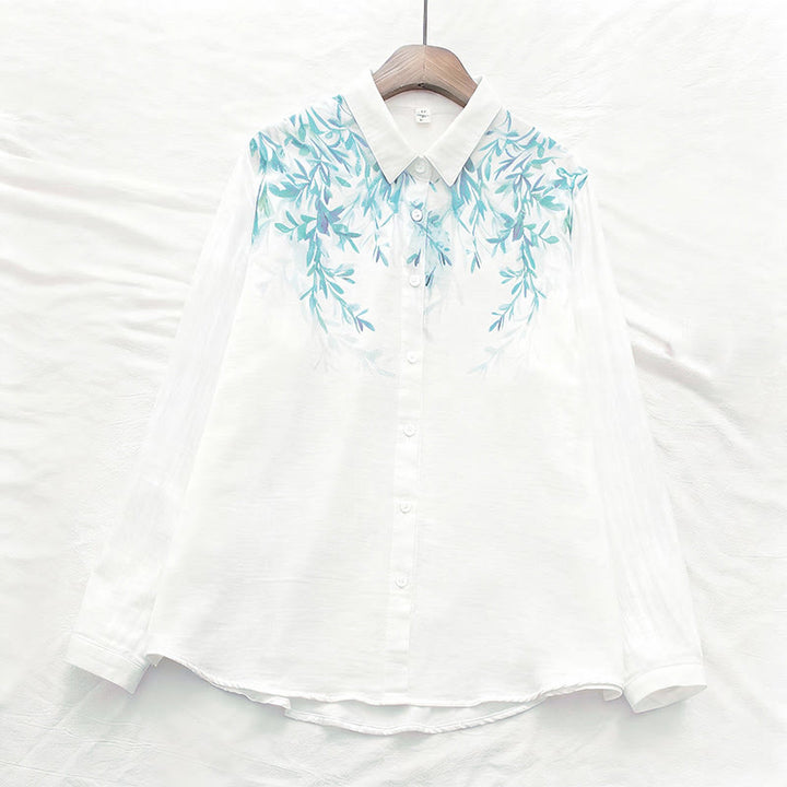 Camisa de manga larga de algodón para mujer con botones de hierba verde y blanco con Buddha Stones y estampado otoñal - image 1