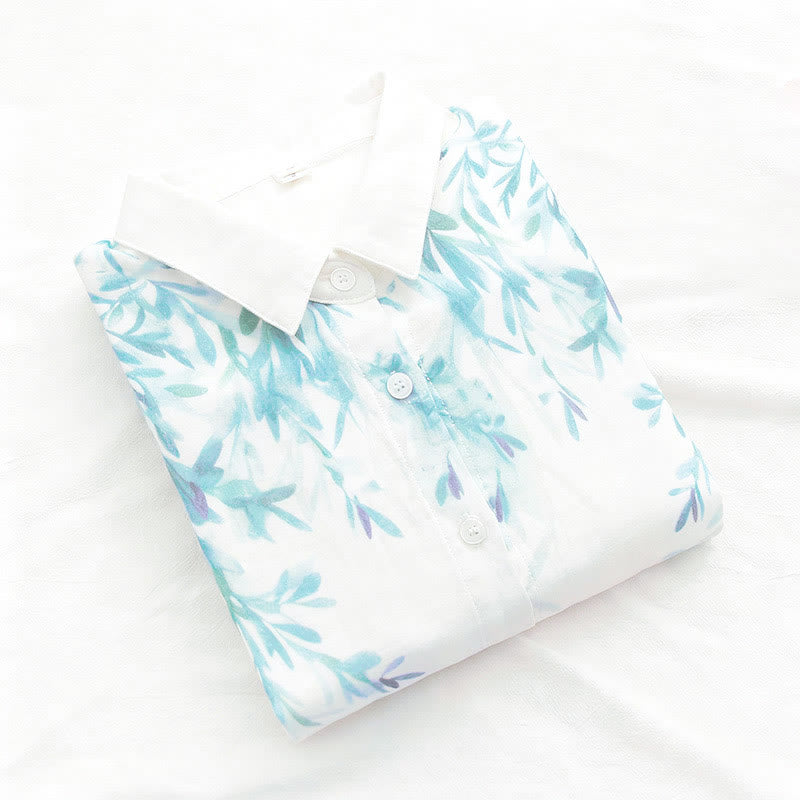 Camisa de manga larga de algodón para mujer con botones de hierba verde y blanco con Buddha Stones y estampado otoñal - image 4