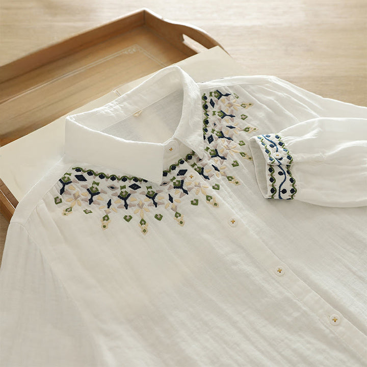 Camisa de manga larga de algodón para mujer con botones bordados geométricos blancos y Buddha Stones. - Blanco - US4，UK/AU8，EU36 (L) - image 0