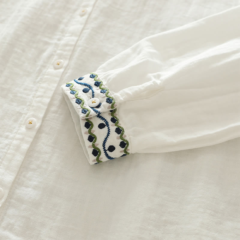 Camisa de manga larga de algodón para mujer con botones bordados geométricos blancos y Buddha Stones. - image 8