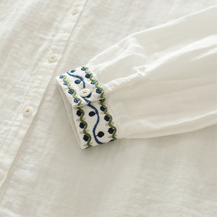 Camisa de manga larga de algodón para mujer con botones bordados geométricos blancos y Buddha Stones. - image 8