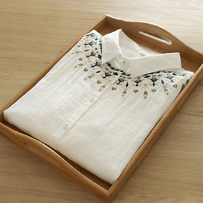 Camisa de manga larga de algodón para mujer con botones bordados geométricos blancos y Buddha Stones. - image 5
