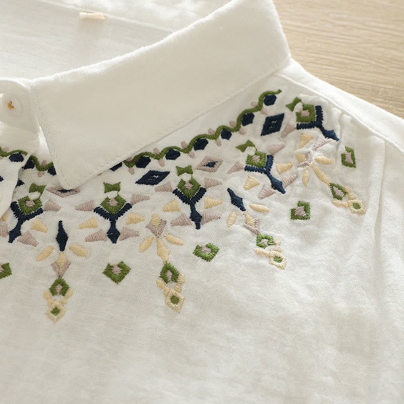 Camisa de manga larga de algodón para mujer con botones bordados geométricos blancos y Buddha Stones. - image 7