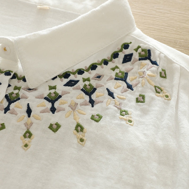 Camisa de manga larga de algodón para mujer con botones bordados geométricos blancos y Buddha Stones. - image 7