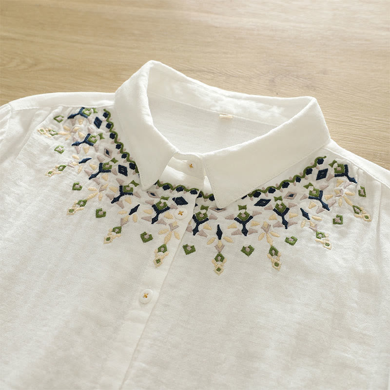 Camisa de manga larga de algodón para mujer con botones bordados geométricos blancos y Buddha Stones. - image 6