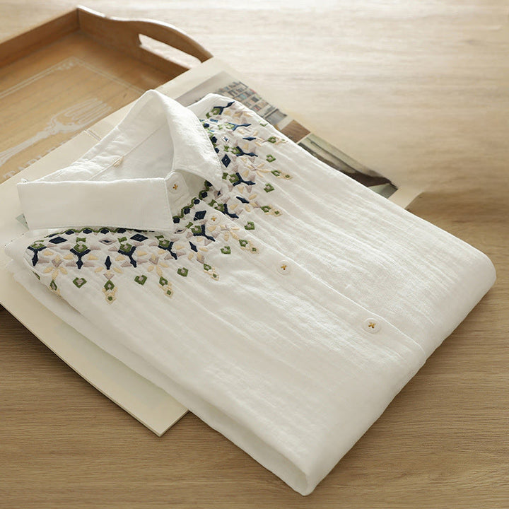 Camisa de manga larga de algodón para mujer con botones bordados geométricos blancos y Buddha Stones. - image 3
