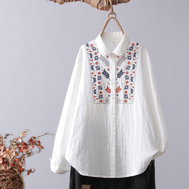 Camisa de manga larga de algodón para mujer con bordado de flores a rayas geométricas blancas y Buddha Stones) - Flor blanca - US4，UK/AU8，EU36 (L) - image 0