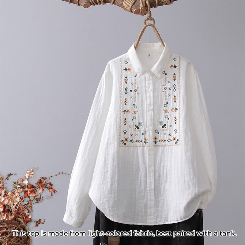 Camisa de manga larga de algodón para mujer con bordado de flores a rayas geométricas blancas y Buddha Stones) - Geométrico blanco - US4，UK/AU8，EU36 (L) - image 9