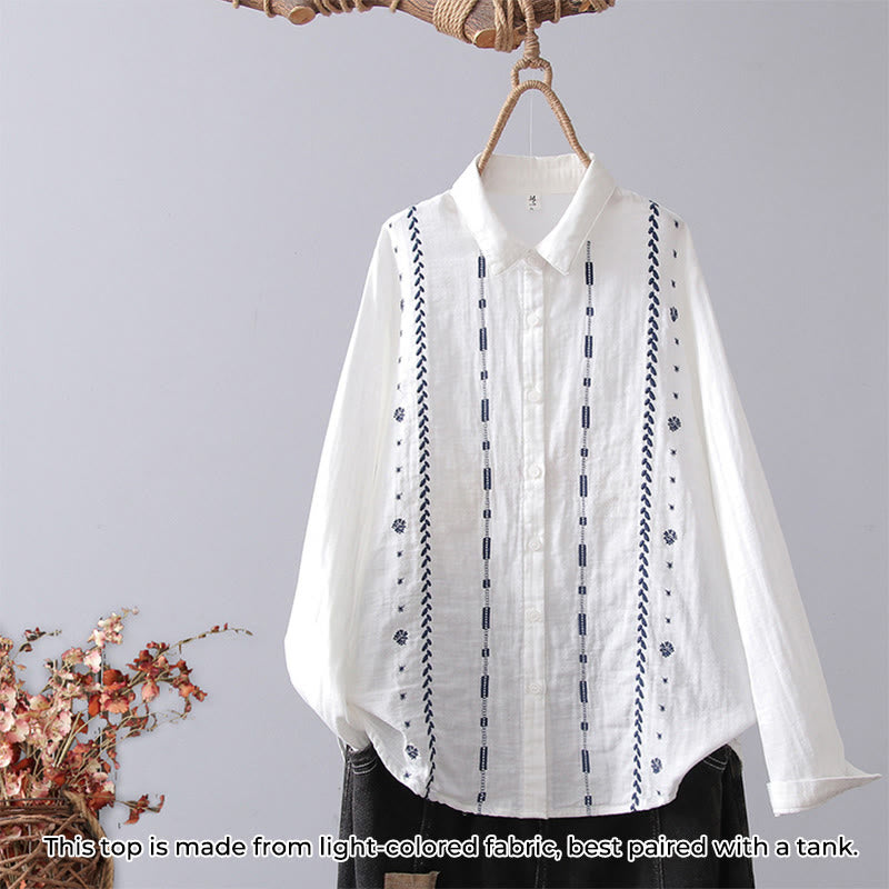 Camisa de manga larga de algodón para mujer con bordado de flores a rayas geométricas blancas y Buddha Stones) - Rayas geométricas blancas - US4，UK/AU8，EU36 (L) - image 10