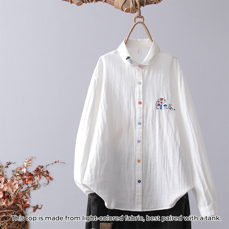 Camisa de manga larga de algodón para mujer con bordado de flores a rayas geométricas blancas y Buddha Stones) - Champiñón blanco - US4，UK/AU8，EU36 (L) - image 11