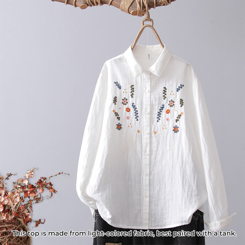 Camisa de manga larga de algodón para mujer con bordado de flores a rayas geométricas blancas y Buddha Stones) - Flor blanca colorida - US4，UK/AU8，EU36 (L) - image 12