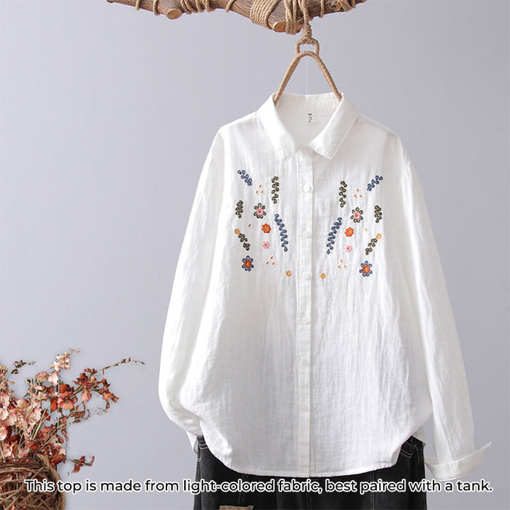 Camisa de manga larga de algodón para mujer con bordado de flores a rayas geométricas blancas y Buddha Stones) - Flor blanca colorida - US4，UK/AU8，EU36 (L) - image 12