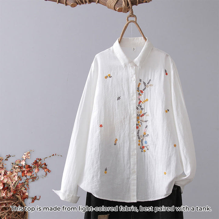 Camisa de manga larga de algodón para mujer con bordado de flores a rayas geométricas blancas y Buddha Stones) - Flor blanca y amarilla - US4，UK/AU8，EU36 (L) - image 13