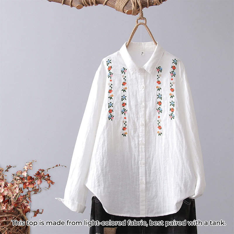 Camisa de manga larga de algodón para mujer con bordado de flores a rayas geométricas blancas y Buddha Stones) - Flor roja blanca - US4，UK/AU8，EU36 (L) - image 14