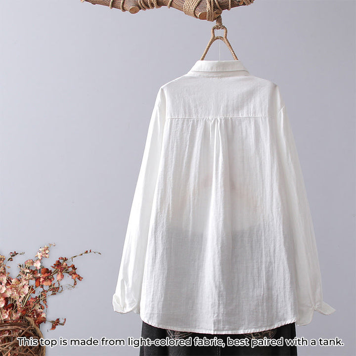 Camisa de manga larga de algodón para mujer con bordado de flores a rayas geométricas blancas y Buddha Stones) - image 1