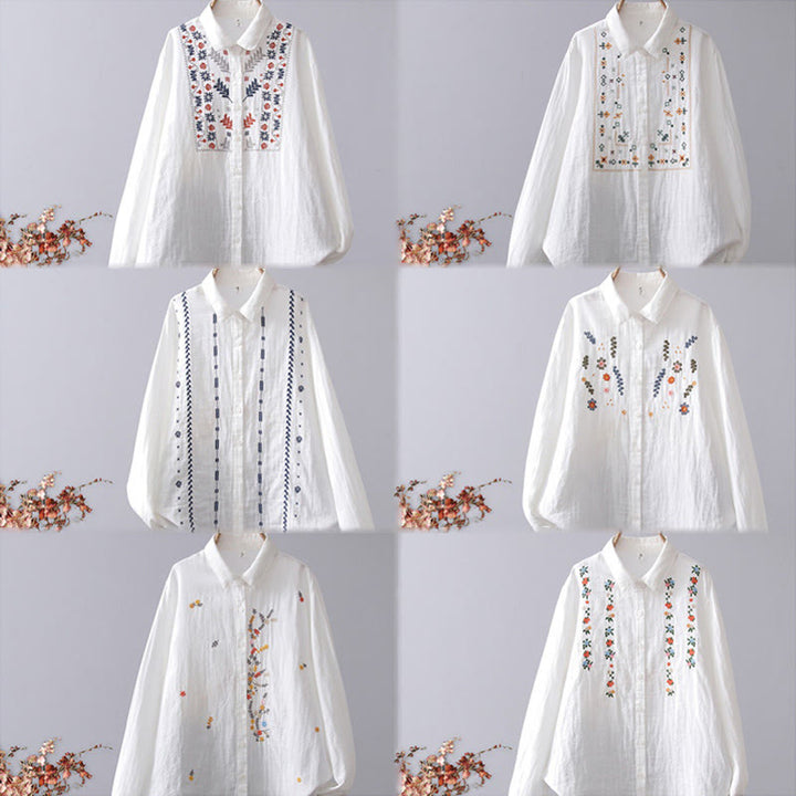 Camisa de manga larga de algodón para mujer con bordado de flores a rayas geométricas blancas y Buddha Stones) - image 15