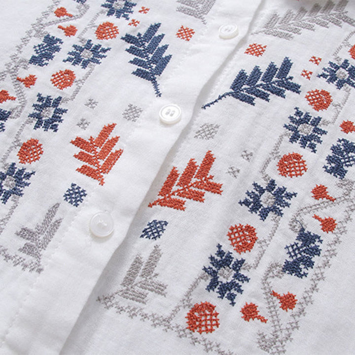 Camisa de manga larga de algodón para mujer con bordado de flores a rayas geométricas blancas y Buddha Stones) - image 5