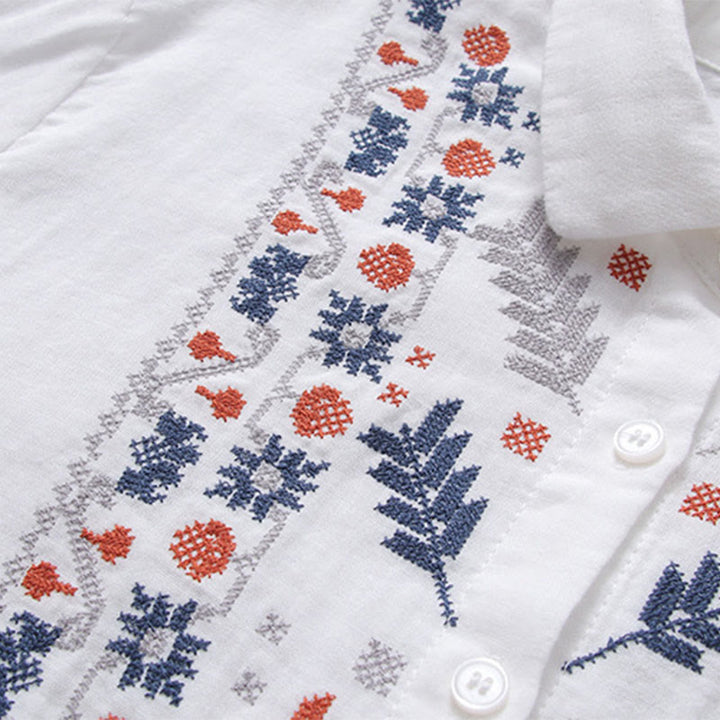 Camisa de manga larga de algodón para mujer con bordado de flores a rayas geométricas blancas y Buddha Stones) - image 4