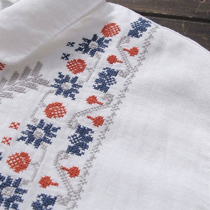 Camisa de manga larga de algodón para mujer con bordado de flores a rayas geométricas blancas y Buddha Stones) - image 3