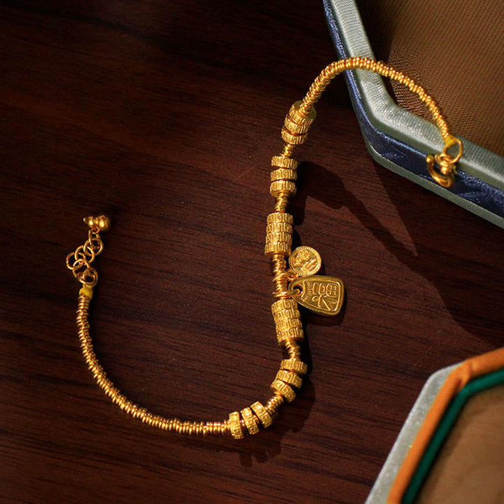 Pulsera de la suerte con el personaje Fu en latón chapado en oro de 24k con Buddha Stones y dije de bendición - image 7