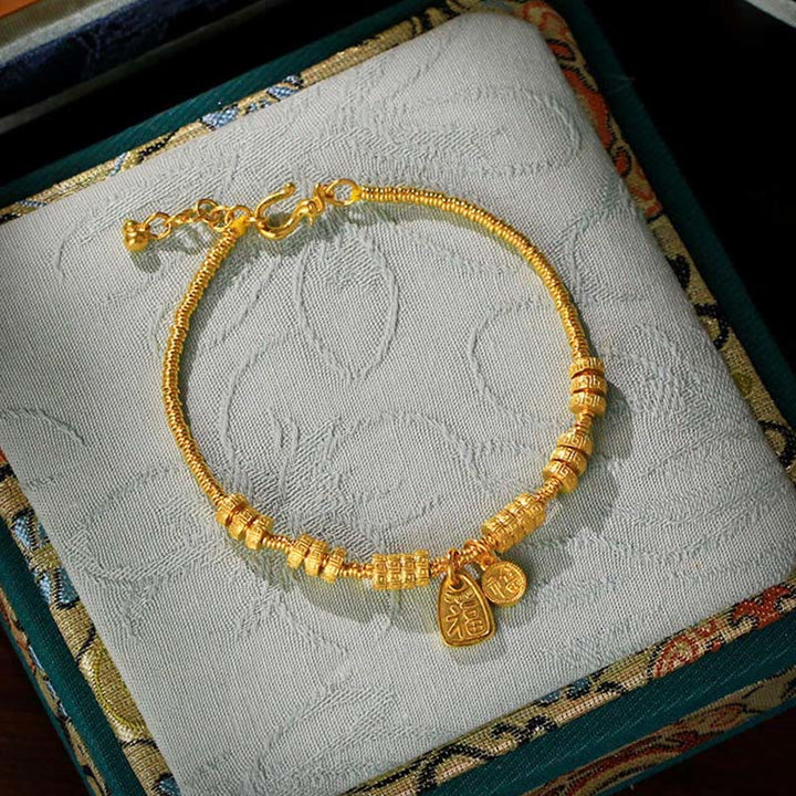 Pulsera de la suerte con el personaje Fu en latón chapado en oro de 24k con Buddha Stones y dije de bendición - image 0