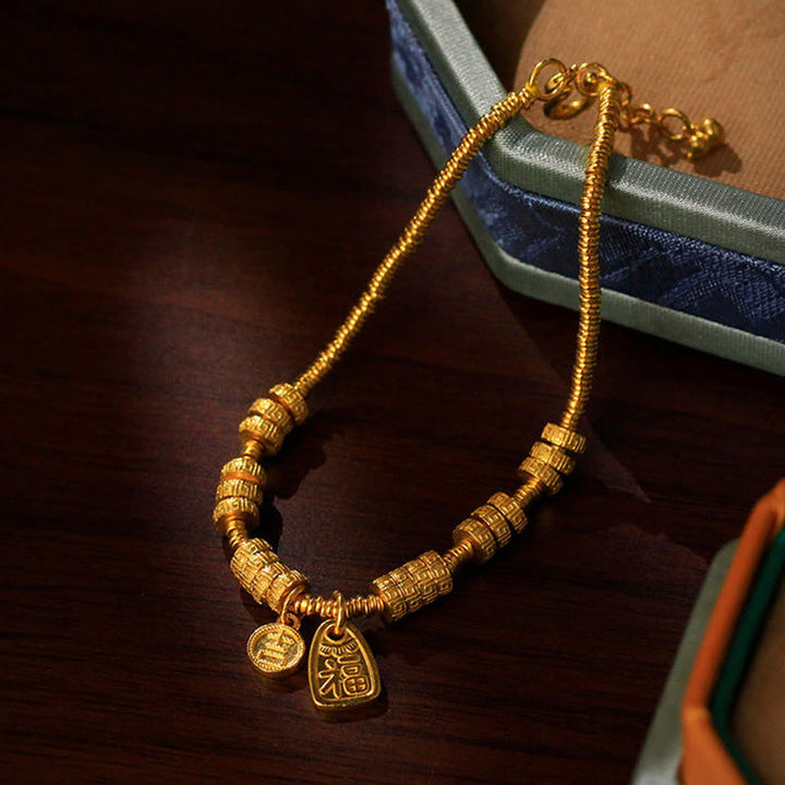 Pulsera de la suerte con el personaje Fu en latón chapado en oro de 24k con Buddha Stones y dije de bendición - image 4