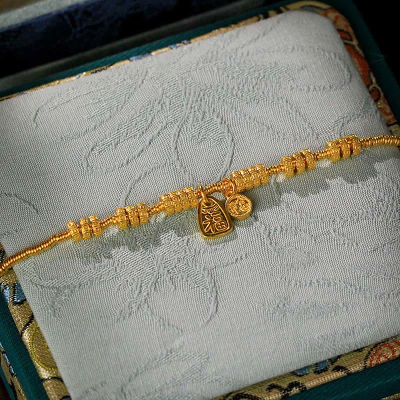 Pulsera de la suerte con el personaje Fu en latón chapado en oro de 24k con Buddha Stones y dije de bendición - image 3
