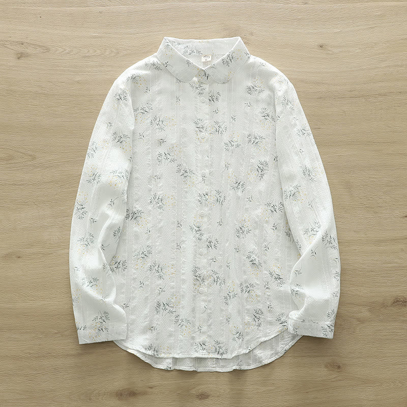 Camisa de manga larga de algodón para mujer con estampado de Buddha Stones, flores blancas y amarillas, hojas verdes y botones. - Blanco - US6，UK/AU10，EU38 (XL) - image 1