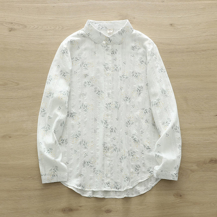 Camisa de manga larga de algodón para mujer con estampado de Buddha Stones, flores blancas y amarillas, hojas verdes y botones. - Blanco - US6，UK/AU10，EU38 (XL) - image 1