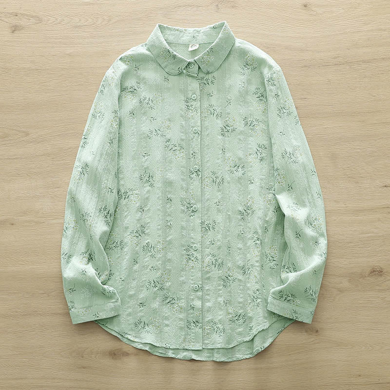Camisa de manga larga de algodón para mujer con estampado de Buddha Stones, flores blancas y amarillas, hojas verdes y botones. - Verde pálido - US6，UK/AU10，EU38 (XL) - image 11