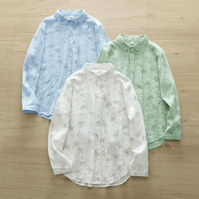 Camisa de manga larga de algodón para mujer con estampado de Buddha Stones, flores blancas y amarillas, hojas verdes y botones. - image 13