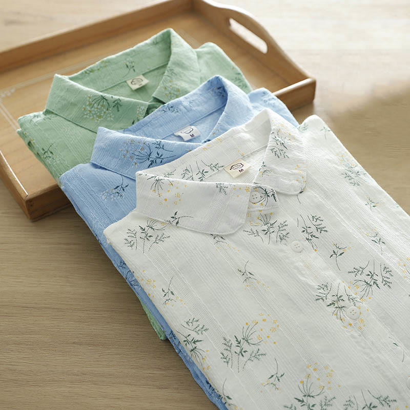 Camisa de manga larga de algodón para mujer con estampado de Buddha Stones, flores blancas y amarillas, hojas verdes y botones. - image 14